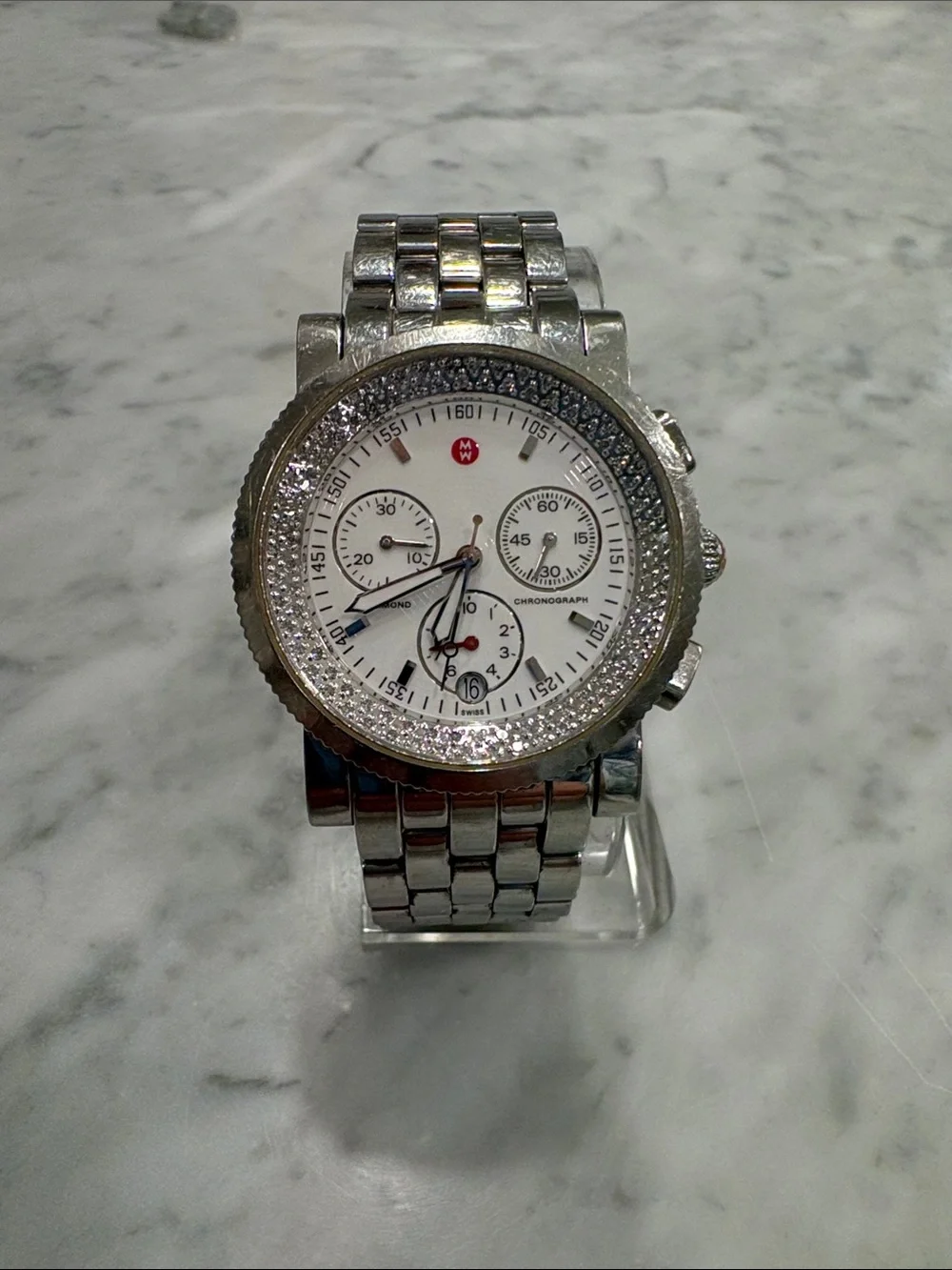 Michele Silver Chronograph Watch with White Dial and diamonds